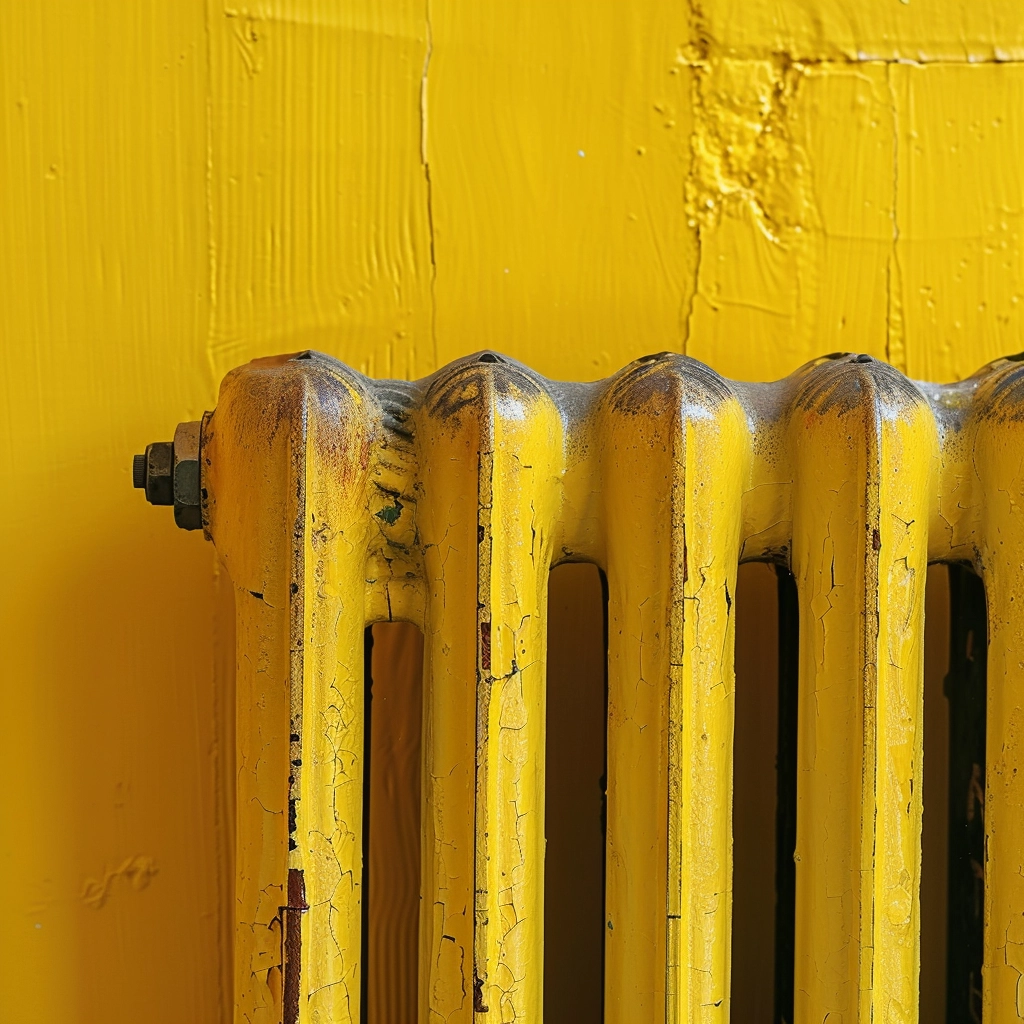 Alternative Heating Solution Indicated By A Rusty Old Yellow Radiator Fixed To A Yellow Wall