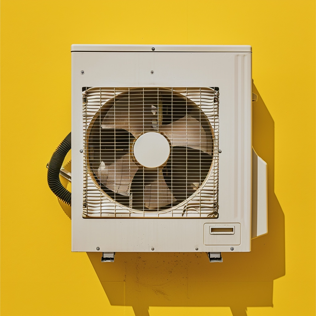 Heat Pump Fixed To A Wall With A Yellow Background.