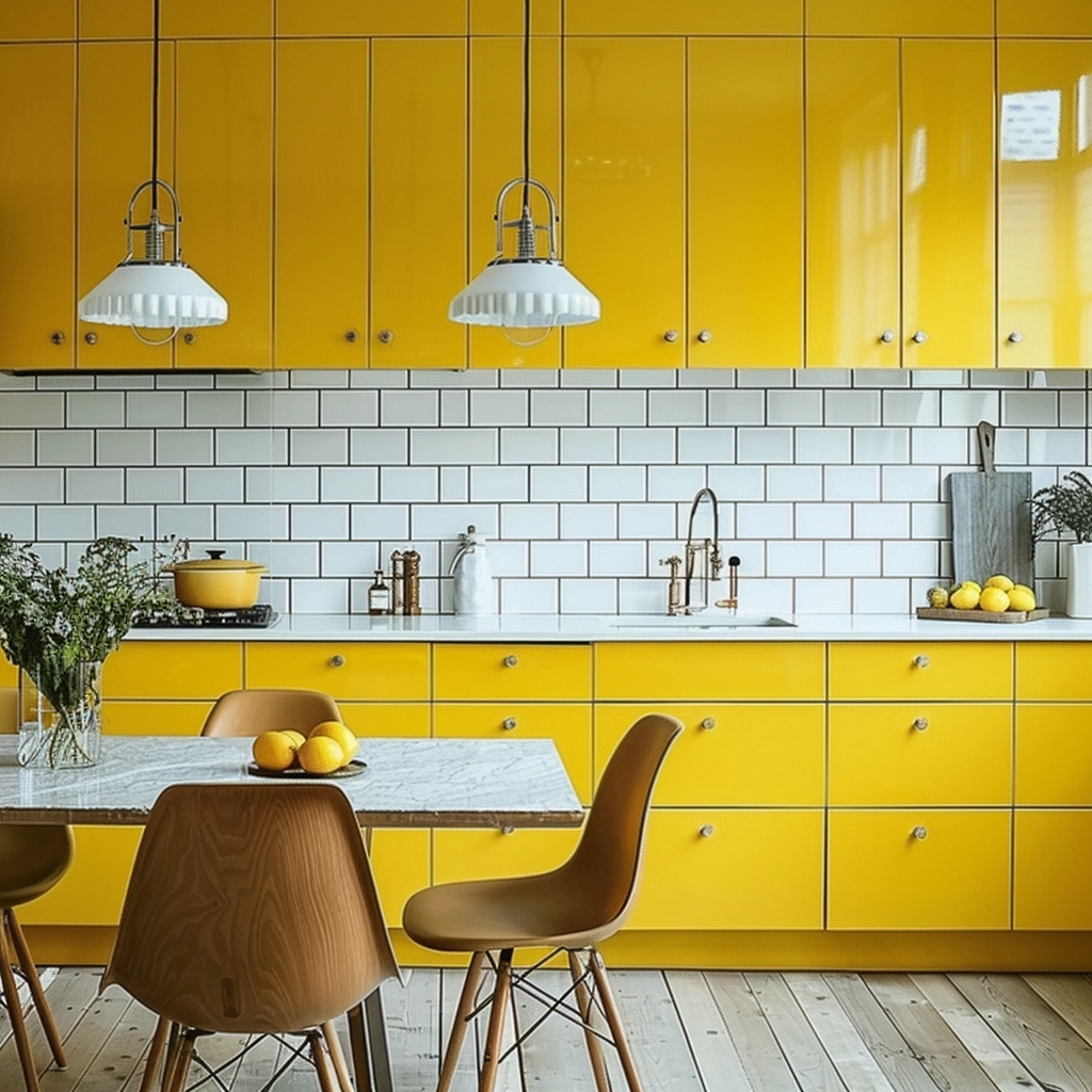Kitchen With Yellow Cupboards And A White Tiled Splash Backs