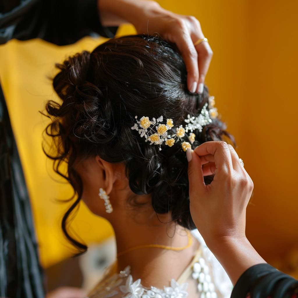 Mobile Hair Dresser Working On A Bride