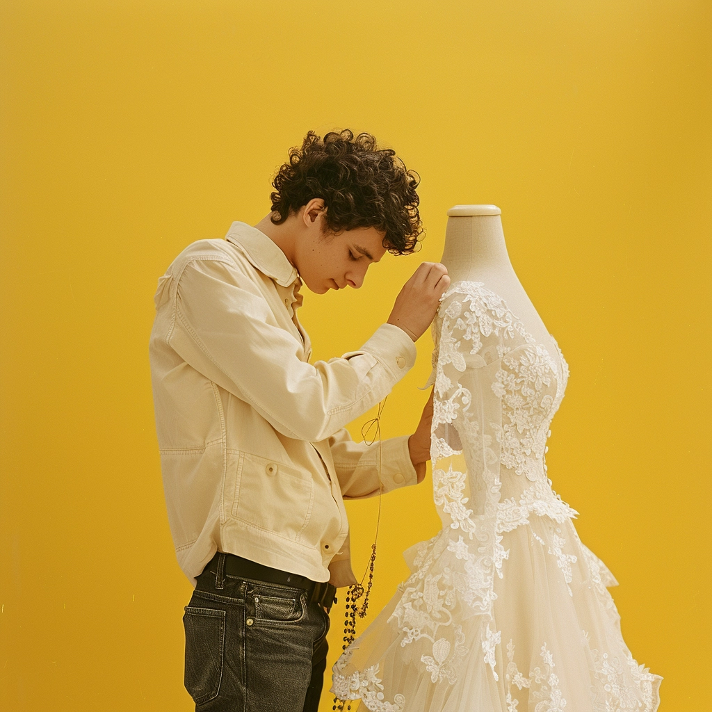 Young Man Making Clothes Alterations To A Vintage Wedding Dress