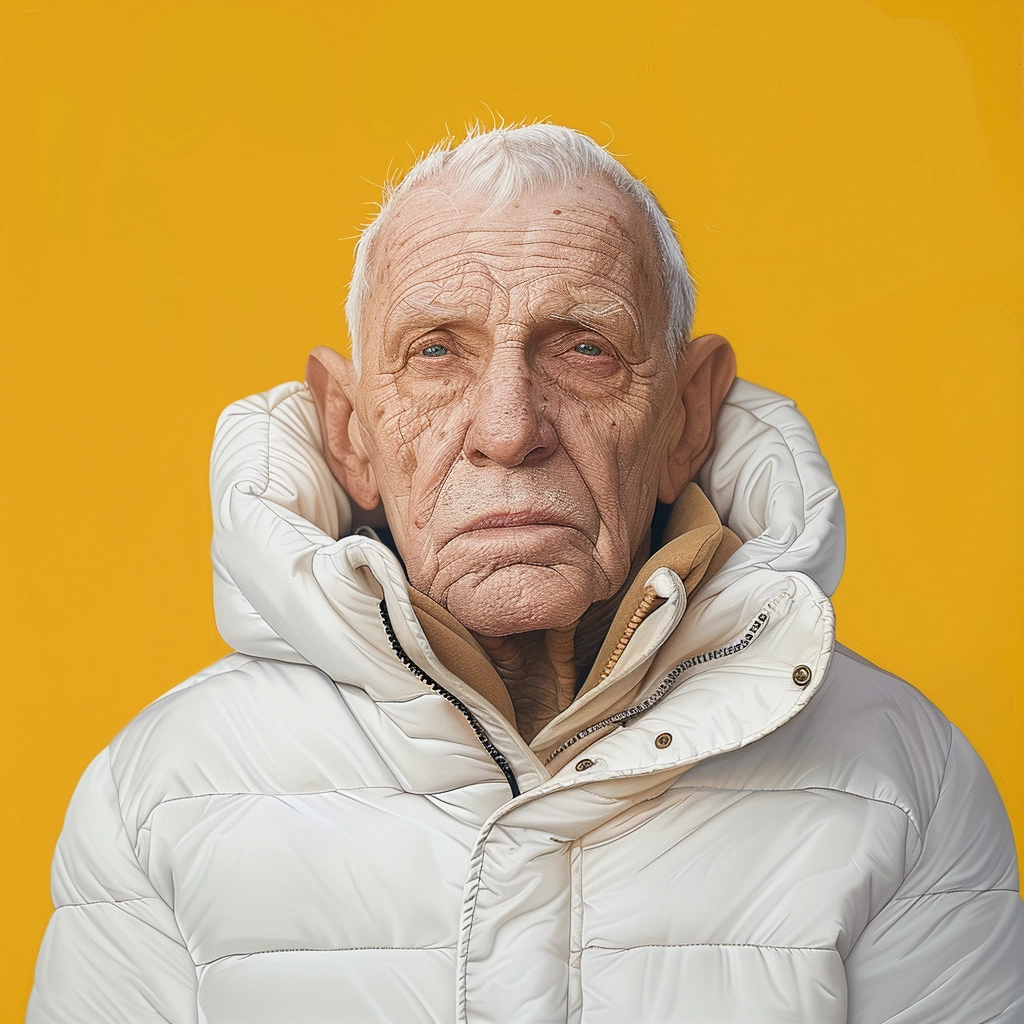Older Gentalman In A White Puffer Jacket With A Yellow Background