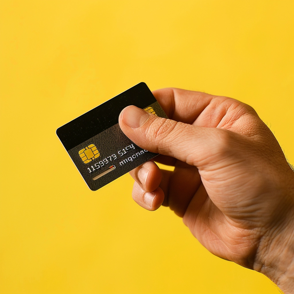 Single right hand holding a black credit card including a yellow back ground
